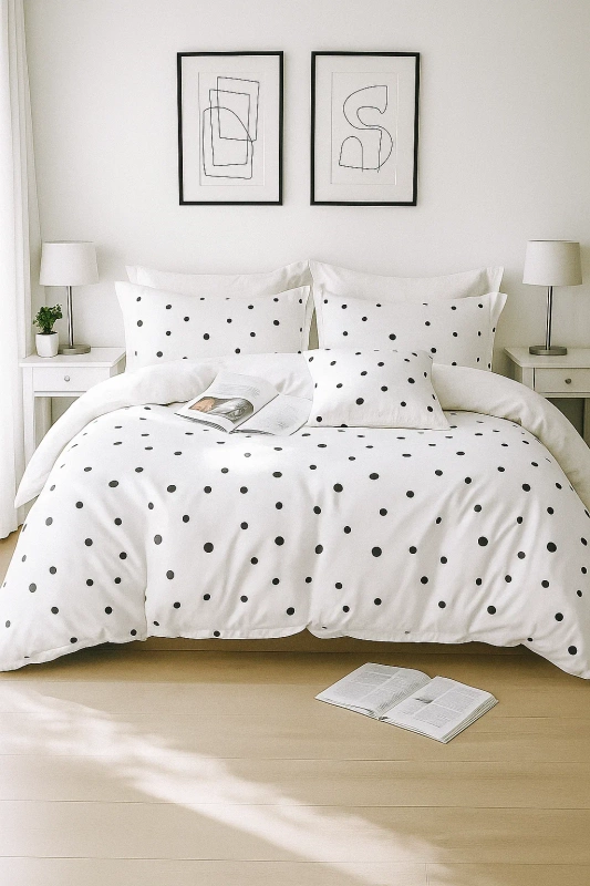 Pościel bawełniana biała w kropki 200x220 3 el. Pepper B-1650