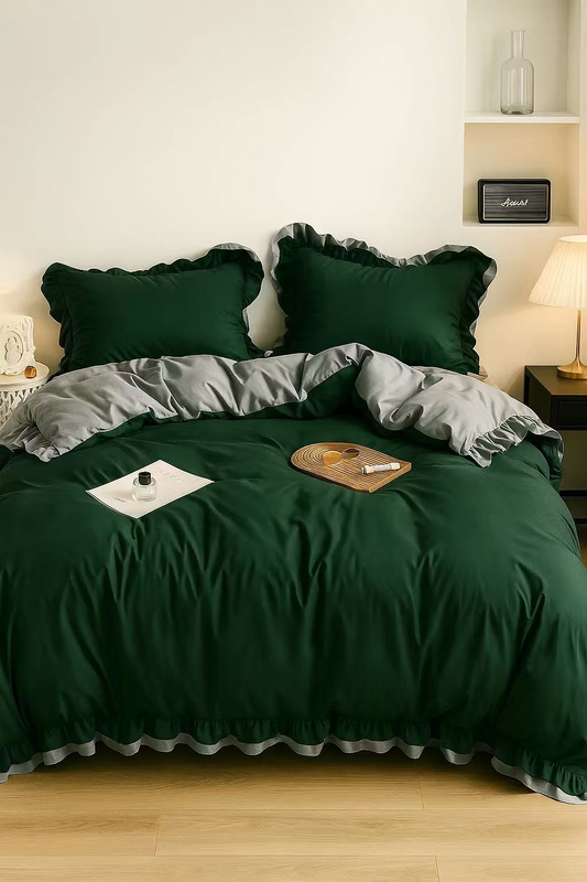 Pościel z podwójną falbanką dwukolorowa butelkowa zielona-jasnoszara 160x200 3 el.