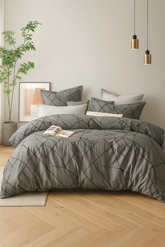 Pościel ciemna szara geometryczna 160x200 4 el. z prześcieradłem z gumką Banos D-140