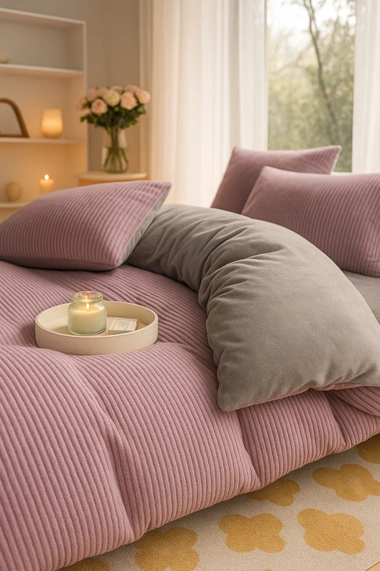 Pościel pluszowa zimowa miś tłoczona w pasy 200x220 3 el. fioletowa - szara