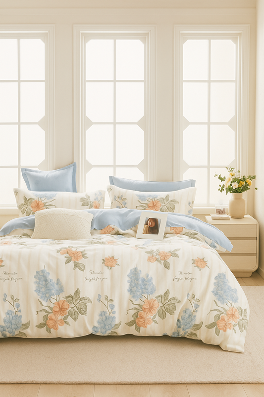 Pościel bawełniana biała w kwiaty 200x220 3 el. L55