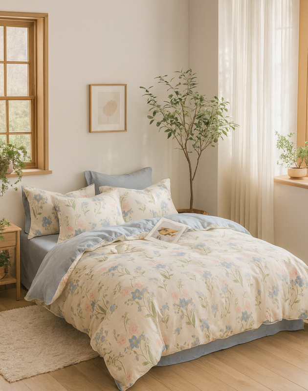 Pościel bawełniana biało-błękitna w kwiatki 200x220 3 el. L51