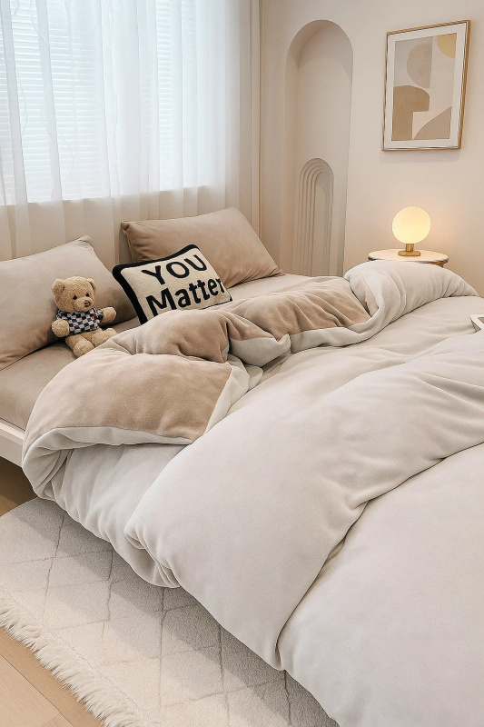 Pościel pluszowa welurowa zimowa miś gładka 200x220 4 el. kremowa - beżowa