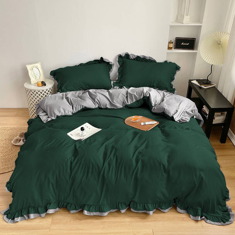 Pościel z podwójną falbanką dwukolorowa butelkowa zielona-jasnoszara 200x220 3 el.