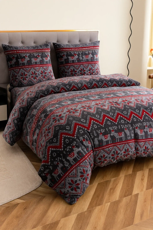 Pościel pluszowa zimowa miś świąteczna 200x220 3 el. wzór sweterka