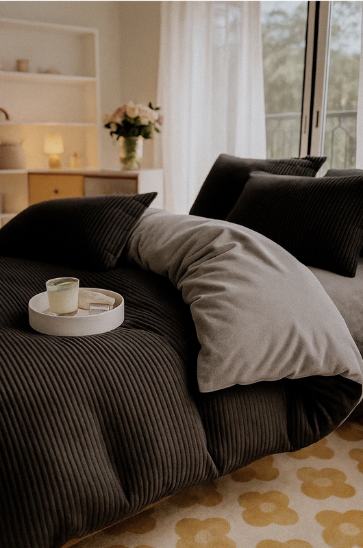 Pościel pluszowa zimowa miś tłoczona w pasy 200x220 3 el. czarna - szara