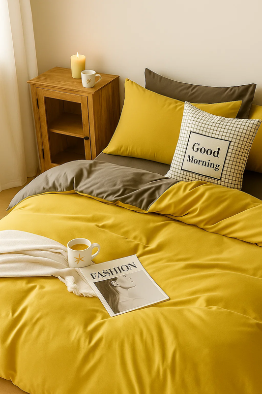 Pościel 200x220 4el gładka musztardowa/szara S-9