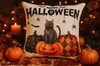 Poszewka na poduszkę Halloween biała z napisem, kotem, dyniami 40x40 HAPPY HALLOWEEN