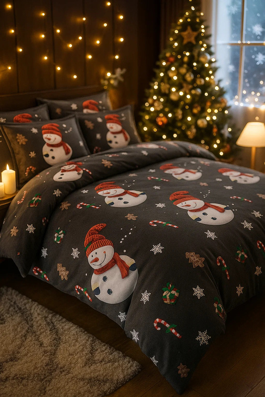 Pościel świąteczna ciemna szara w bałwanki 200x220 4 el. A022