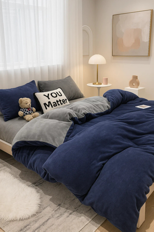 Pościel pluszowa welurowa zimowa miś gładka 200x220 4 el. niebieska - szara