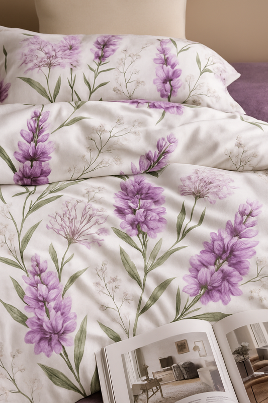 Pościel bawełniana biała w fioletowe kwiaty 160x200 3 el. L43