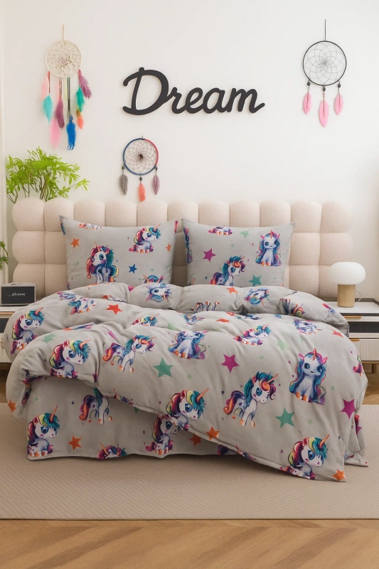 Pościel pluszowa zimowa miś jasna szara w jednorożce 160x200 3 el.