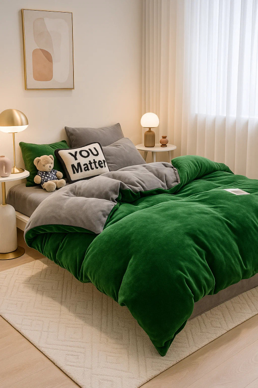 Pościel pluszowa welurowa zimowa miś gładka 160x200 3 el. butelkowa zielona - szara