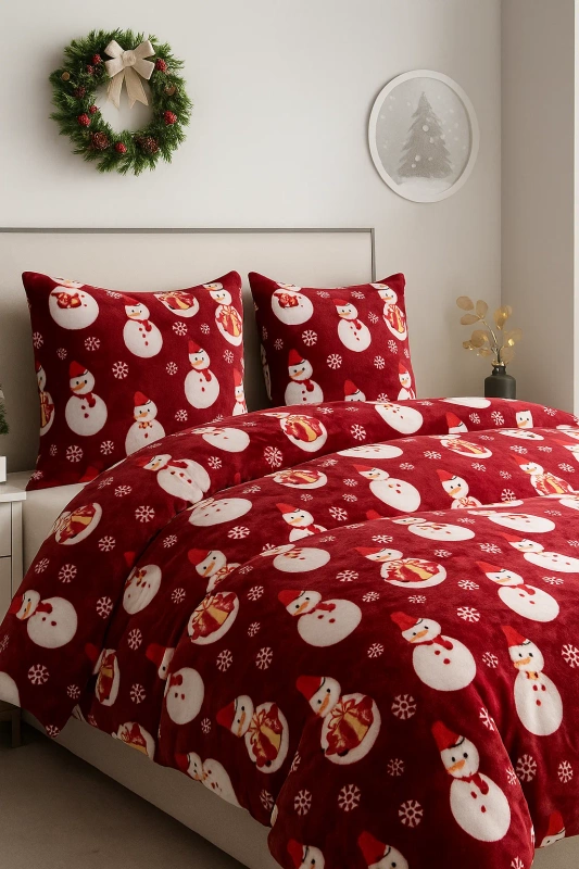 Pościel pluszowa zimowa miś świąteczna czerwona w bałwany 200x220 3 el.