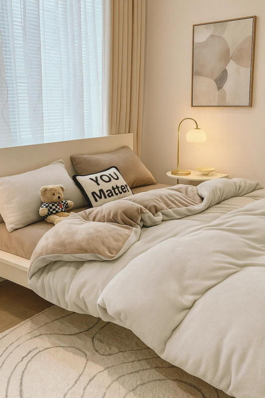 Pościel pluszowa welurowa zimowa miś gładka 160x200 3 el. kremowa - beżowa