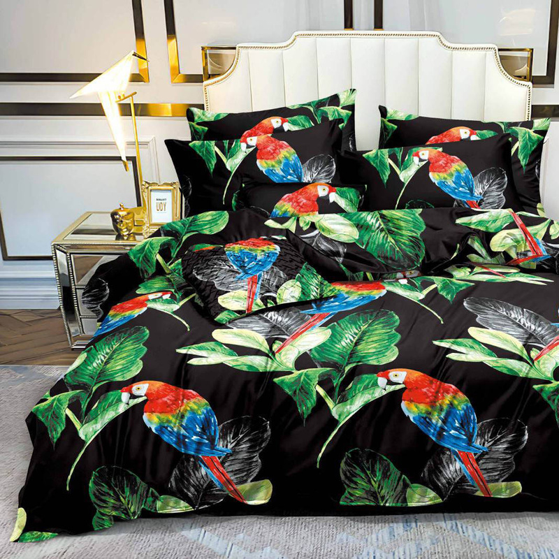 Pościel czarna w papugi 200x220 4 el. Ara nr019
