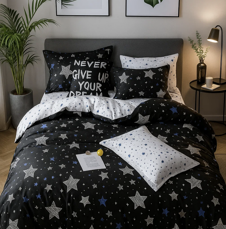 Pościel czarno-biała w gwiazdki 160x200 3 el. Valera C-002