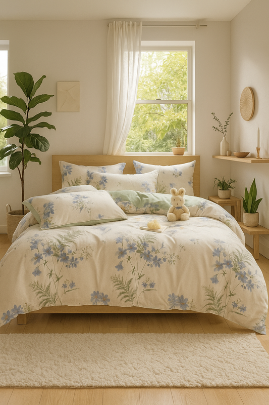 Pościel bawełniana biało-błękitna w kwiatki 160x200 3 el. L57