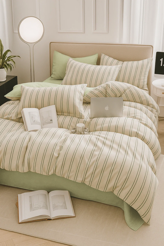 Pościel bawełniana kremowa w pasy 200x220 3 el. L39
