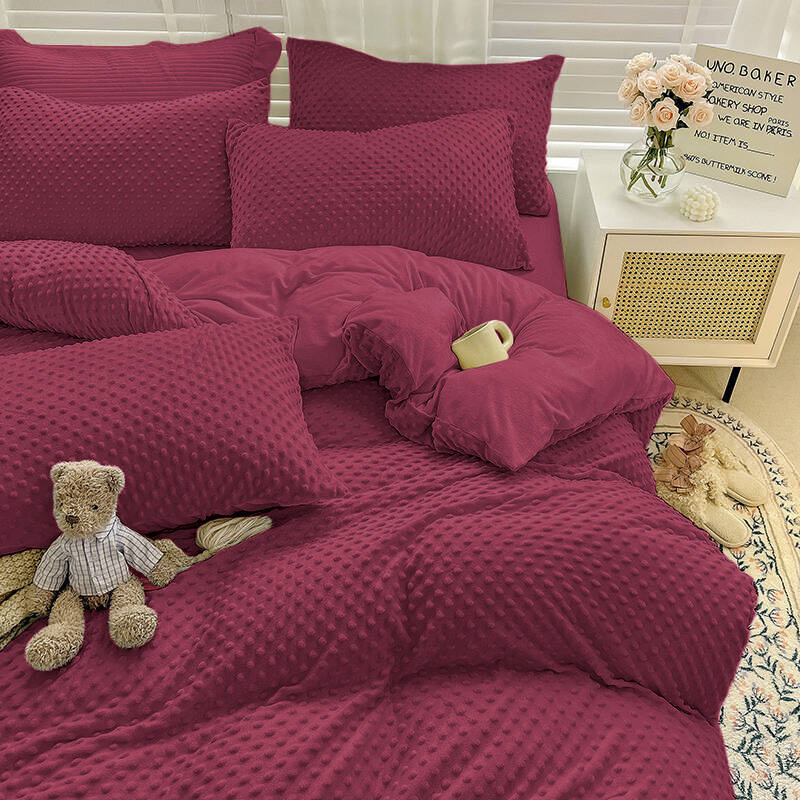 Pościel pluszowa zimowa miś w kropki 3D 200x220 3 el. MINKY bordowa nr516