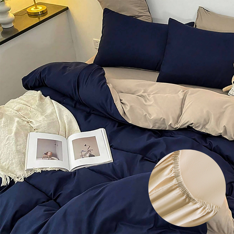 Pościel 160x200 4 el. z prześcieradłem z gumką gładka bez nadruku granatowa beżowa S-22