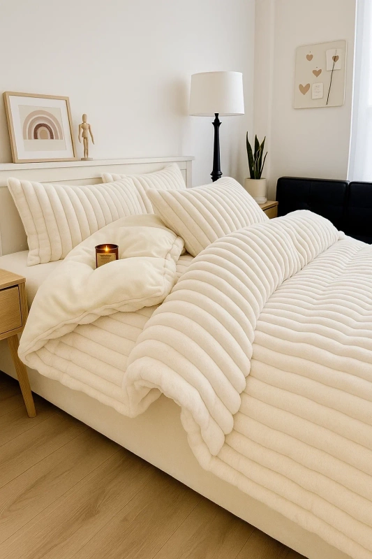 Pościel pluszowa zimowa miś tłoczona w grube szerokie pasy 200x220 3 el. ecru