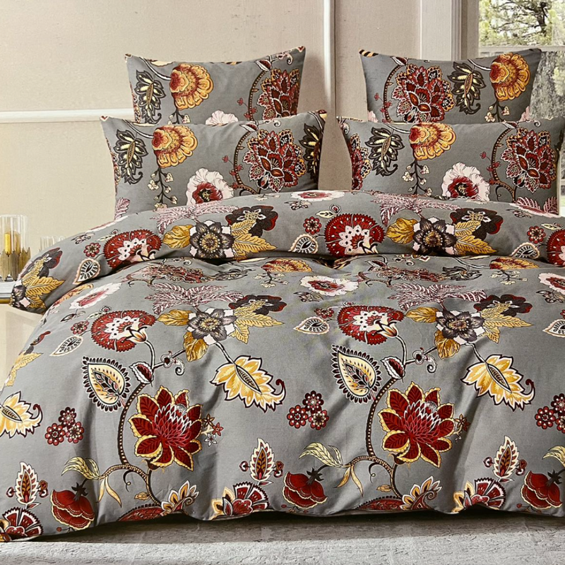 Pościel bawełniana szara w kwiaty 180x200 3 el. Lina M1695