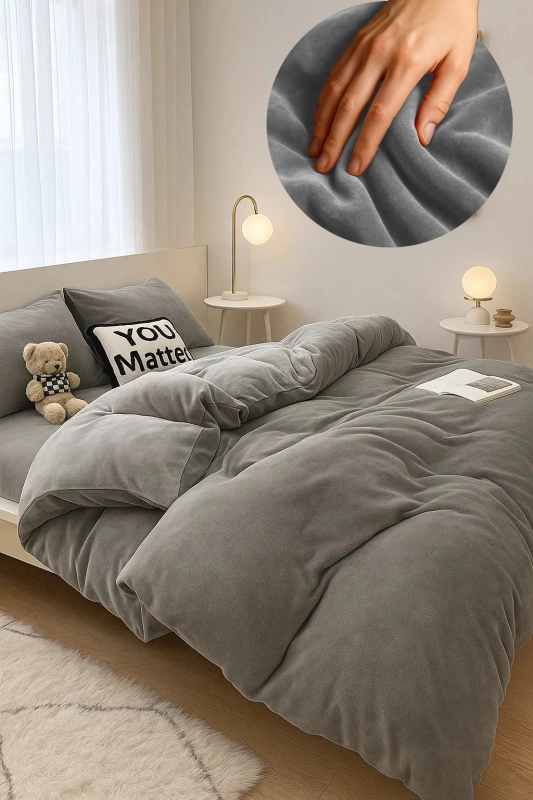 Pościel pluszowa welurowa zimowa miś gładka 160x200 4 el. ciemna szara