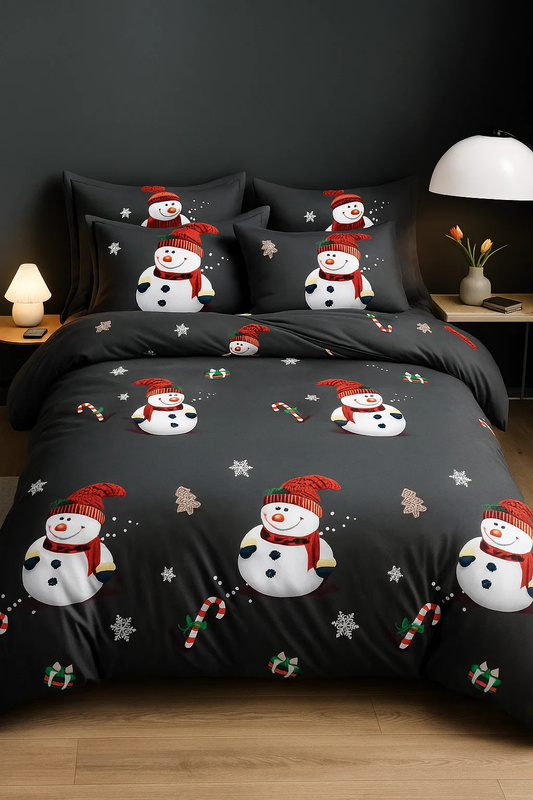 Pościel świąteczna ciemna szara w bałwanki 200x220 4 el. A022