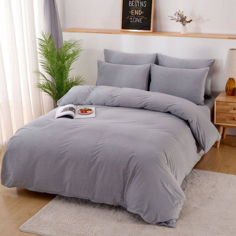 Pościel pluszowa zimowa miś gładka 200x220 3 el. jasna szara K004