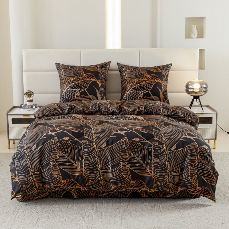 Pościel czarna w liście Lux 160x200 3 el.