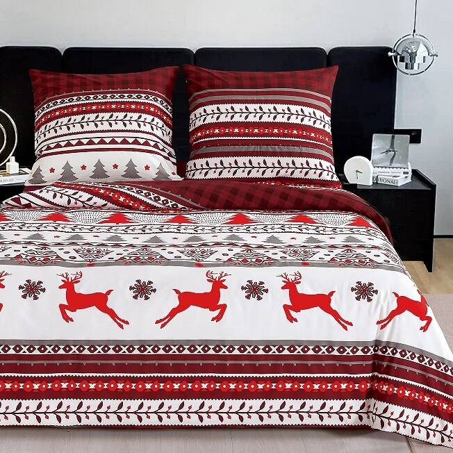 Pościel bawełniana świąteczna biało-bordowa 160x200 3 el. M1862 