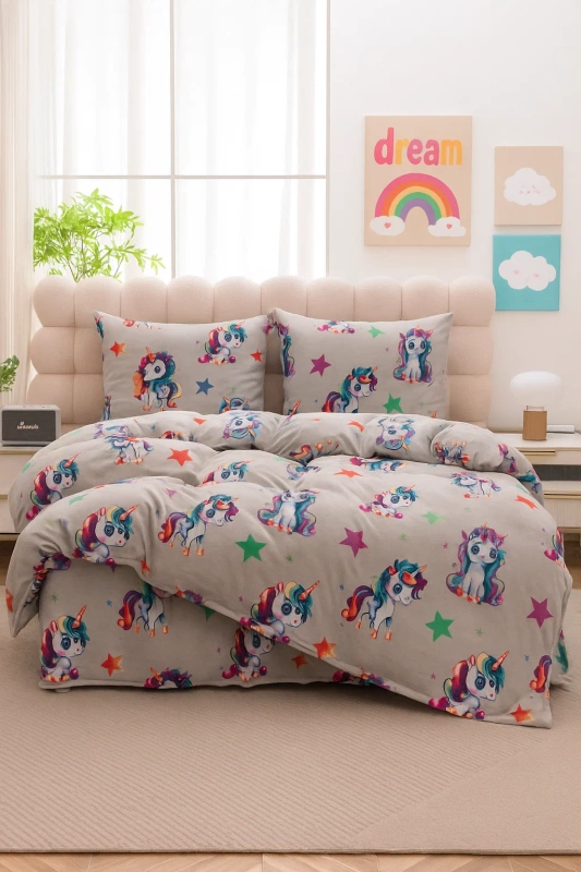 Pościel pluszowa zimowa miś jasna szara w jednorożce 160x200 3 el.