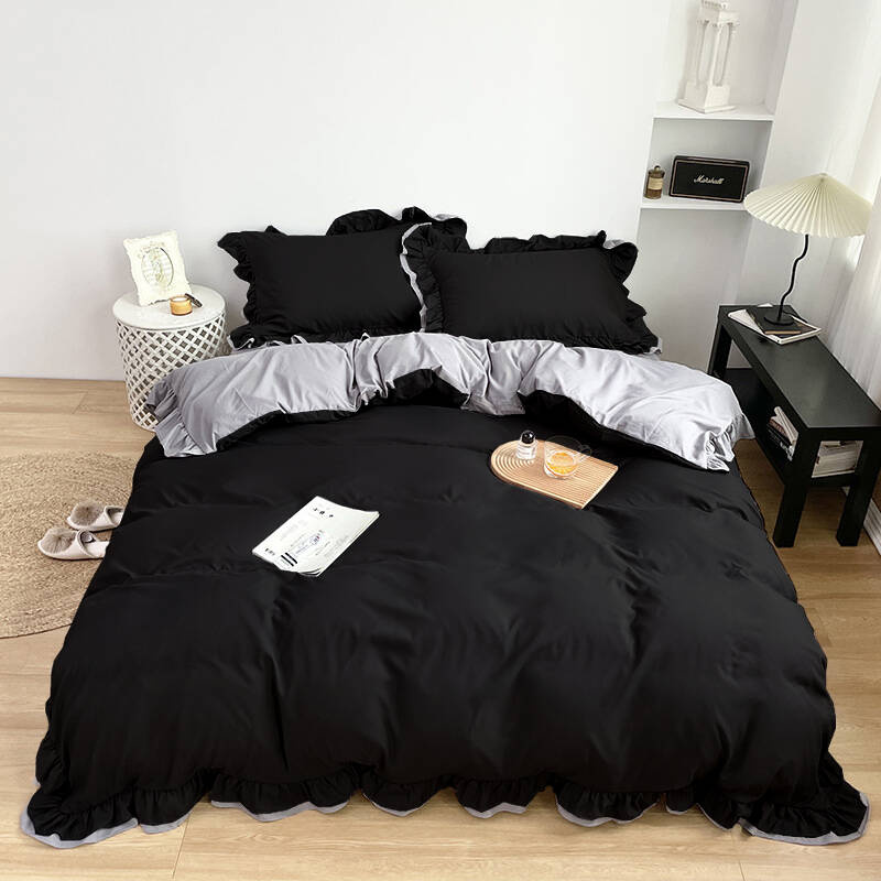 Pościel z podwójną falbanką dwukolorowa czarno-jasnoszara 200x220 3 el.