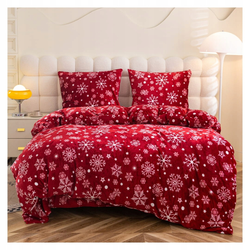 Pościel pluszowa zimowa miś świąteczna czerwona w śnieżynki 200x220 3 el.