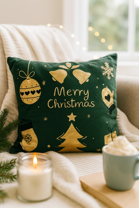 Poszewka na poduszkę świąteczna butelkowa zielona Merry Christmas z prezentami 40x40