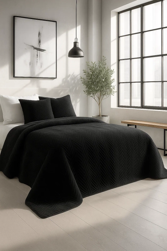 Narzuta dekoracyjna welurowa w jodełkę CHEVRON VELVET 200x220 czarna