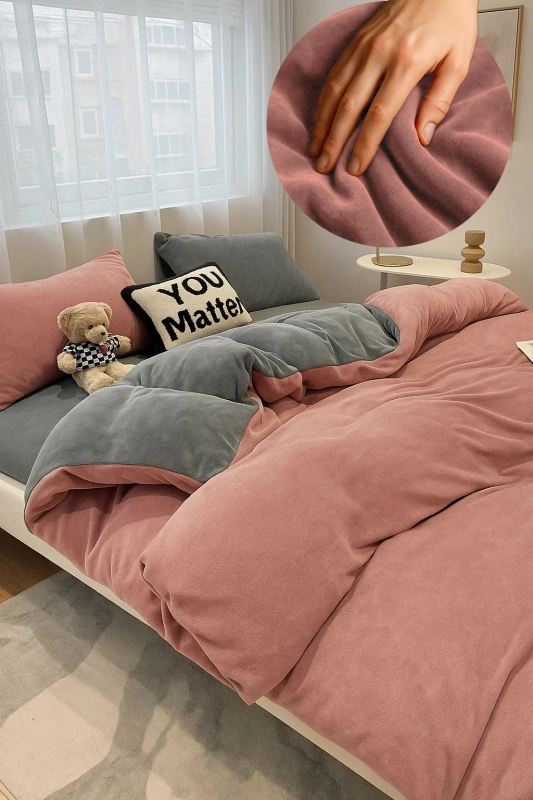 Pościel pluszowa welurowa zimowa miś gładka 160x200 3 el. różowa - szara