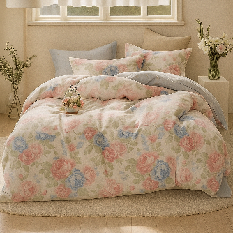 Pościel bawełniana kolorowa w kwiaty 160x200 3 el. L47