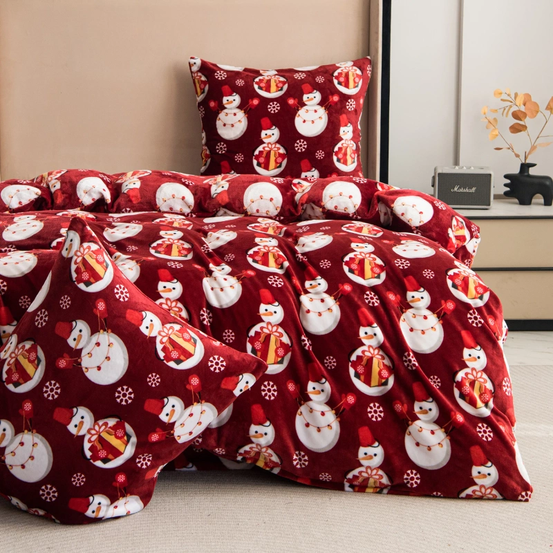 Pościel pluszowa zimowa miś świąteczna czerwona w bałwany 200x220 3 el.