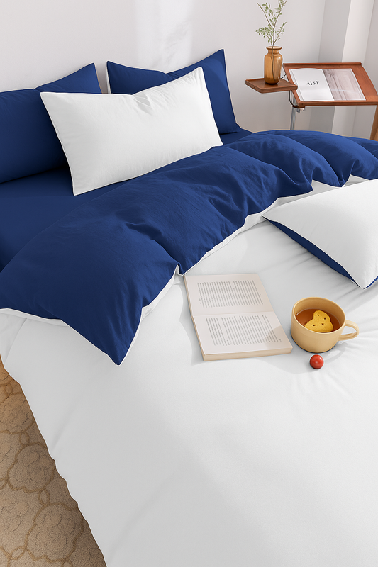Pościel 200x220 4 el gładka biało-granatowa S-021