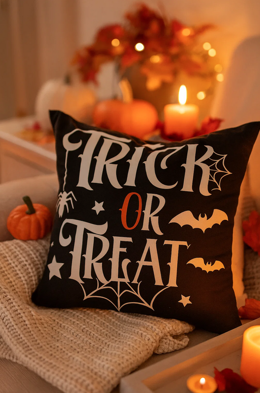 Poszewka na poduszkę Halloween czarna z napisem 40x40 TRICK OR TREAT