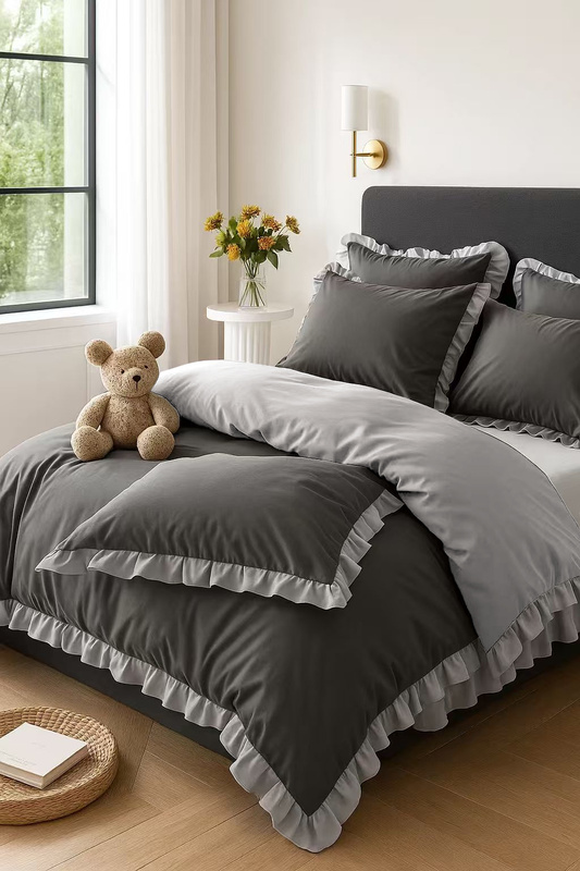 Pościel z falbanką ciemna szara i jasna szara 160x200 3 el. dwukolorowa FAB15