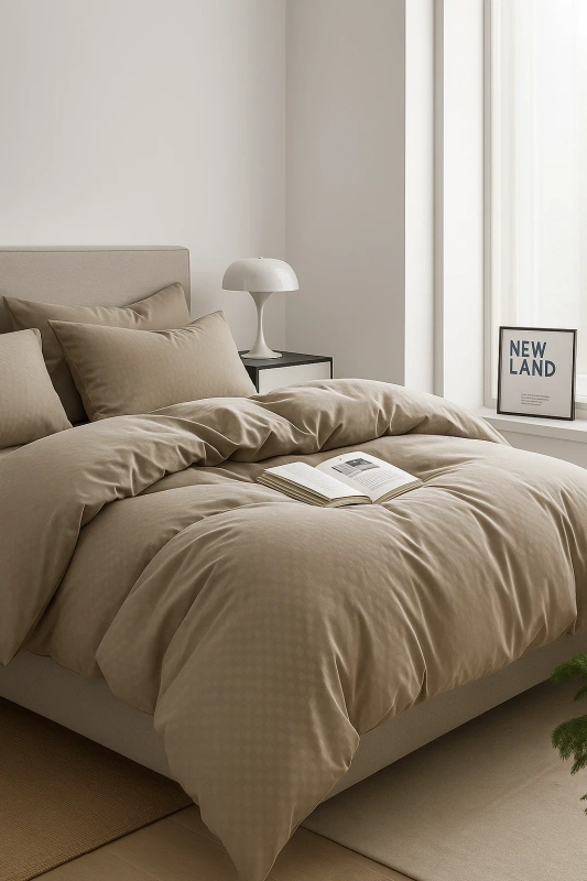 Pościel w kratkę beżowa 160x200 4el Khloe Dark Beige