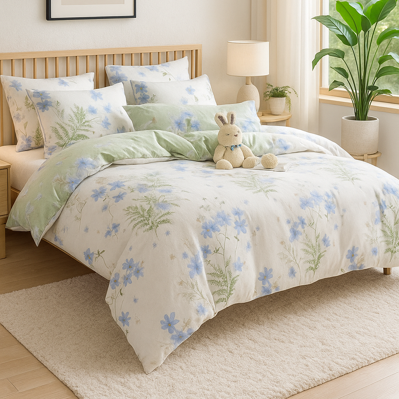 Pościel bawełniana biało-błękitna w kwiatki 160x200 3 el. L57