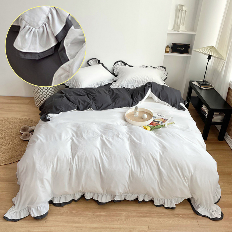 Pościel z podwójną falbanką dwukolorowa biało-ciemnoszara 200x220 3 el.