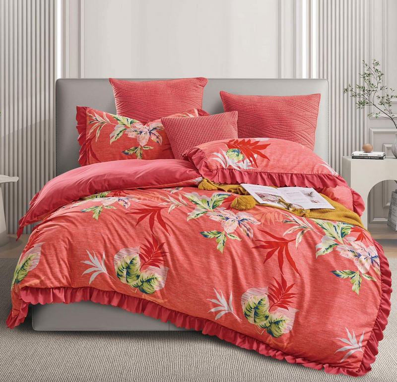 Pościel z falbanką czerwona w liście 160x200 3 el. nr516