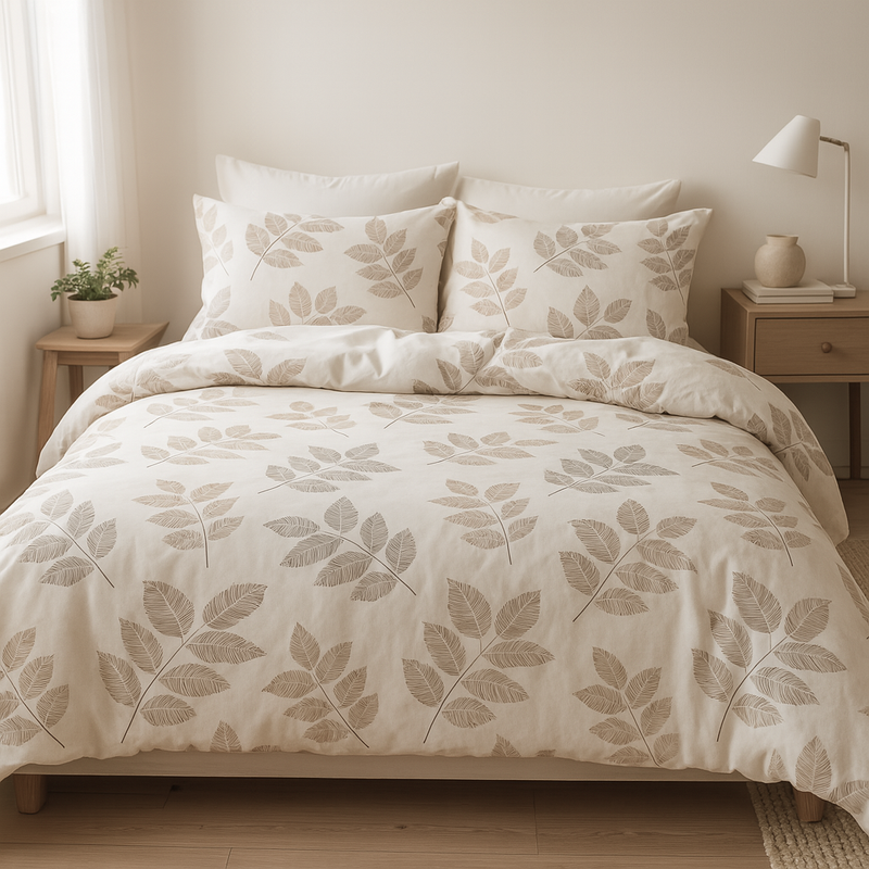 Pościel jasna szara w liście 180x200 3el A080