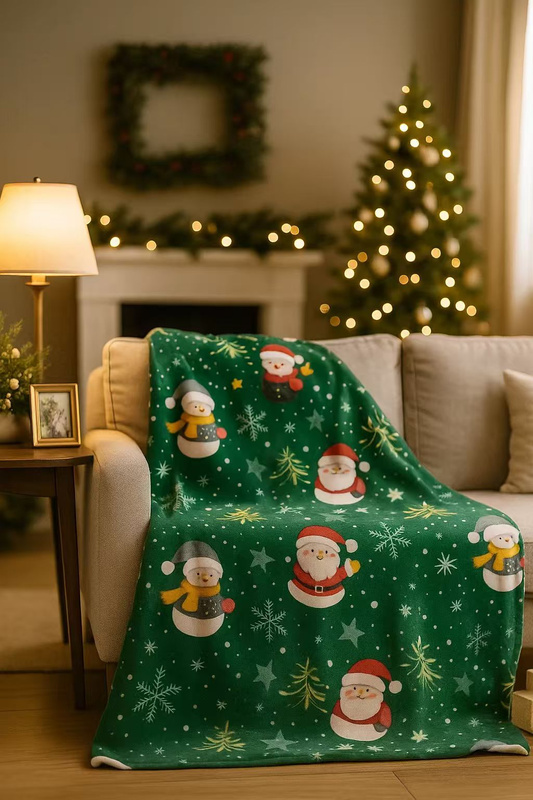 Koc świąteczny zielony w bałwanki i Święte Mikołaje 160x200