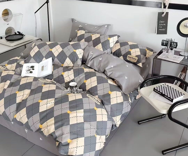 Pościel bawełniana szaro żółta w romby 160x200 3 el. L61